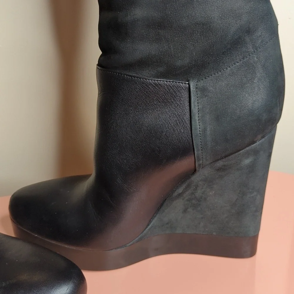 Vince Suede Nubuck Wedge Knee High Mob Wife Boots Made in Italy Black 9 US 40 EU